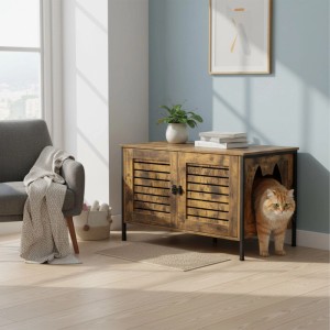 Relaxdays Katzenschrank Vintagebraun Holzoptik, Lamellentüren, Katzenkopf-Eingang. Katze schaut heraus. Für Katzenklo.