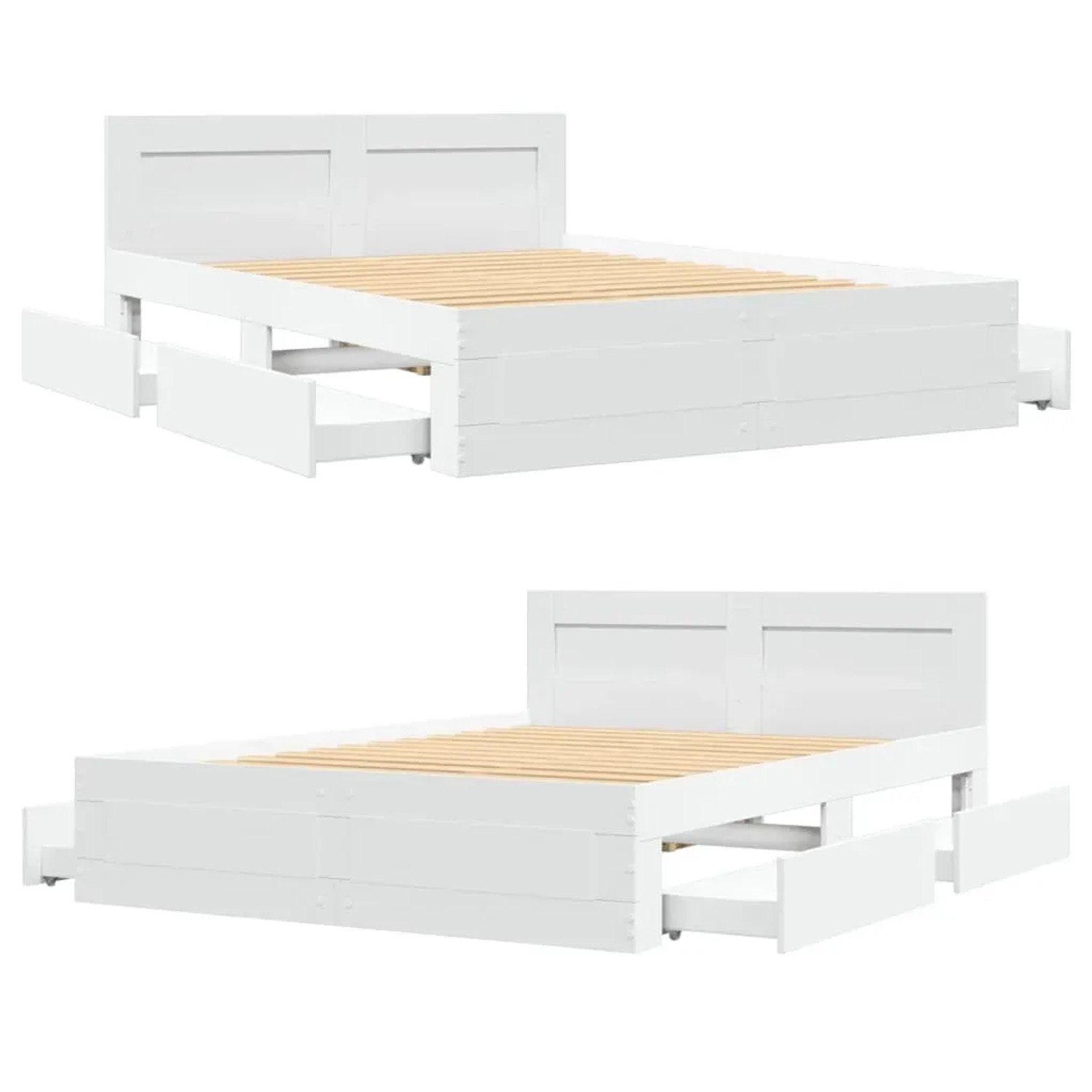 Weißes Bettgestell 120x200 cm mit Kopfteil und 4 praktischen Schubladen für Stauraum aus Holzwerkstoff.