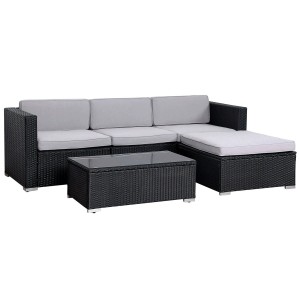 Schwarze Svita California Polyrattan Lounge Gartenset mit Tisch und grauen Kissen.