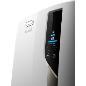 Detailansicht des weißen DeLonghi Klimageräts PAC EL98 ECO mit Bedienfeld.