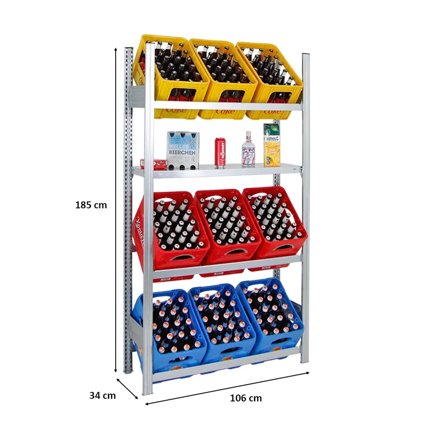 Verzinktes PROREGAL Getränkekistenregal Chiemsee mit 9 Kisten auf 3 Ebenen und Board. Robust und Made in Germany.