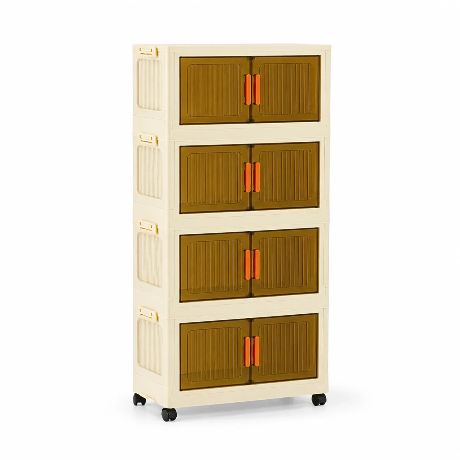 BERLINLODGE Aufbewahrungsboxen EasyCube Stapelbar 4 Ebenen & Rollen 19L Weiß-Transparent Stapelboxen Mit Magnetischen Türen Bodenverstärkung
