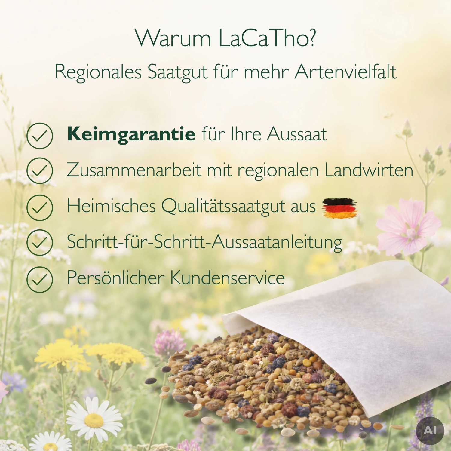 LaCaTho Glühwürmchenmischung Samen. Werbebild mit Saatgut auf Blumenwiese und Vorteilen wie Keimgarantie.