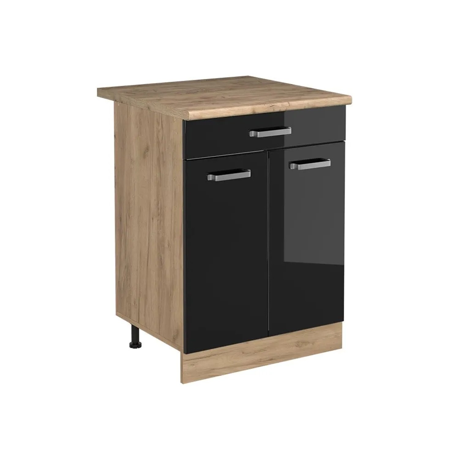 Vicco Küchenunterschrank R-Line Schwarz Hochglanz/Goldkraft Eiche 60 x 82 mit Schublade Arbeitsplatte Goldkraft Eiche Art Nr 61220