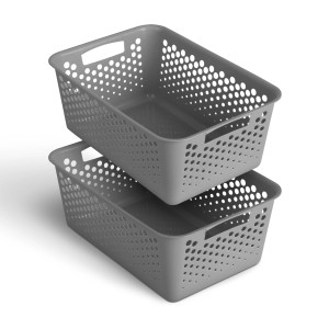 Zwei graue ProHome Aufbewahrungskörbe (10L) aus Kunststoff, stapelbar. Badaccessoires.