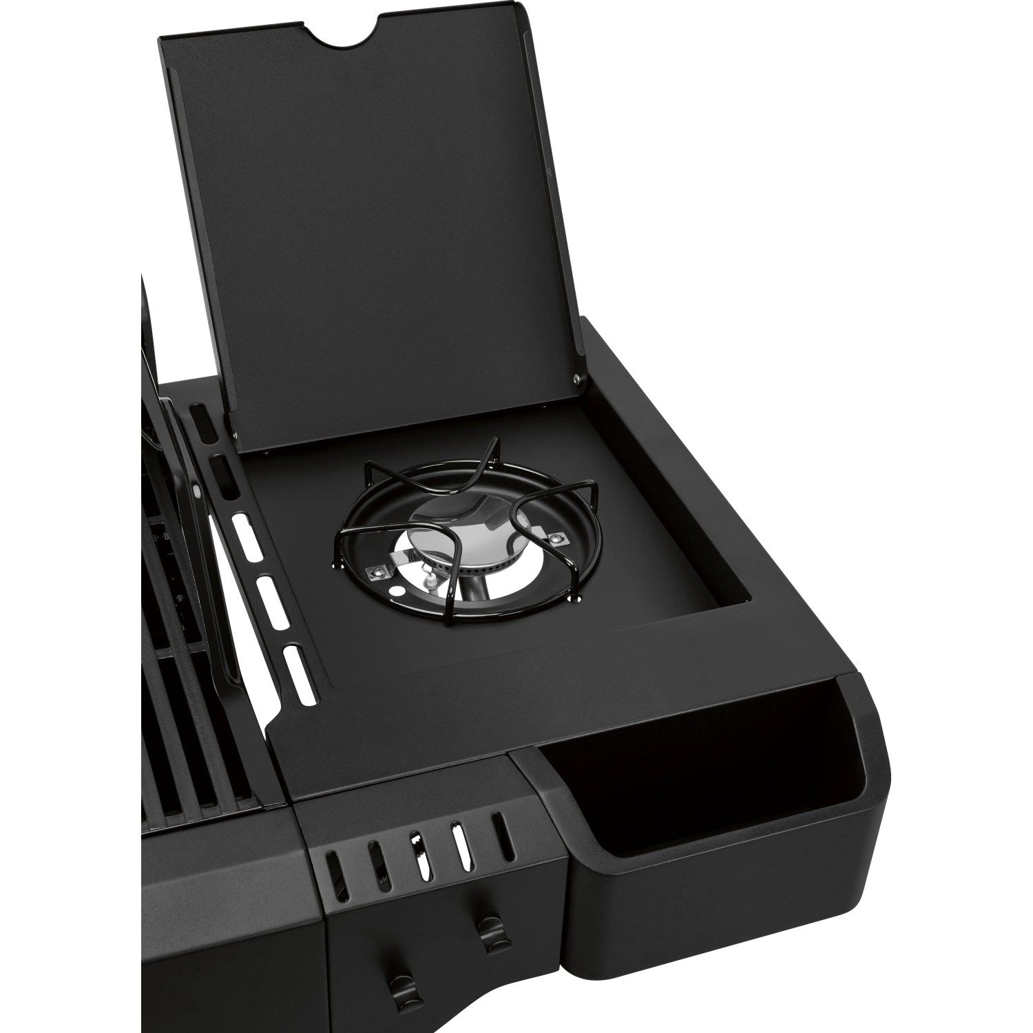 Detailaufnahme: Schwarzer Jamestown Gasgrill Knox II mit Seitenbrenner und geöffnetem Deckel.