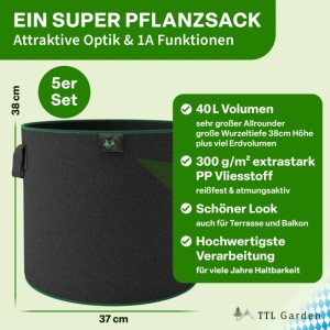 TTL GARDEN Pflanzsack 40L 5er Set Filz Stofftopf 300g/qm Vlies Pflanzentopf Rund Ø37cm Für Gemüse Kräuter Tomaten Beeren
