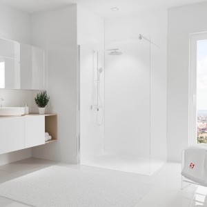 Schulte Duschrückwand-Set Ecke Asymmetrisch DecoDesign 255x120 cm Weiß im Badezimmer.