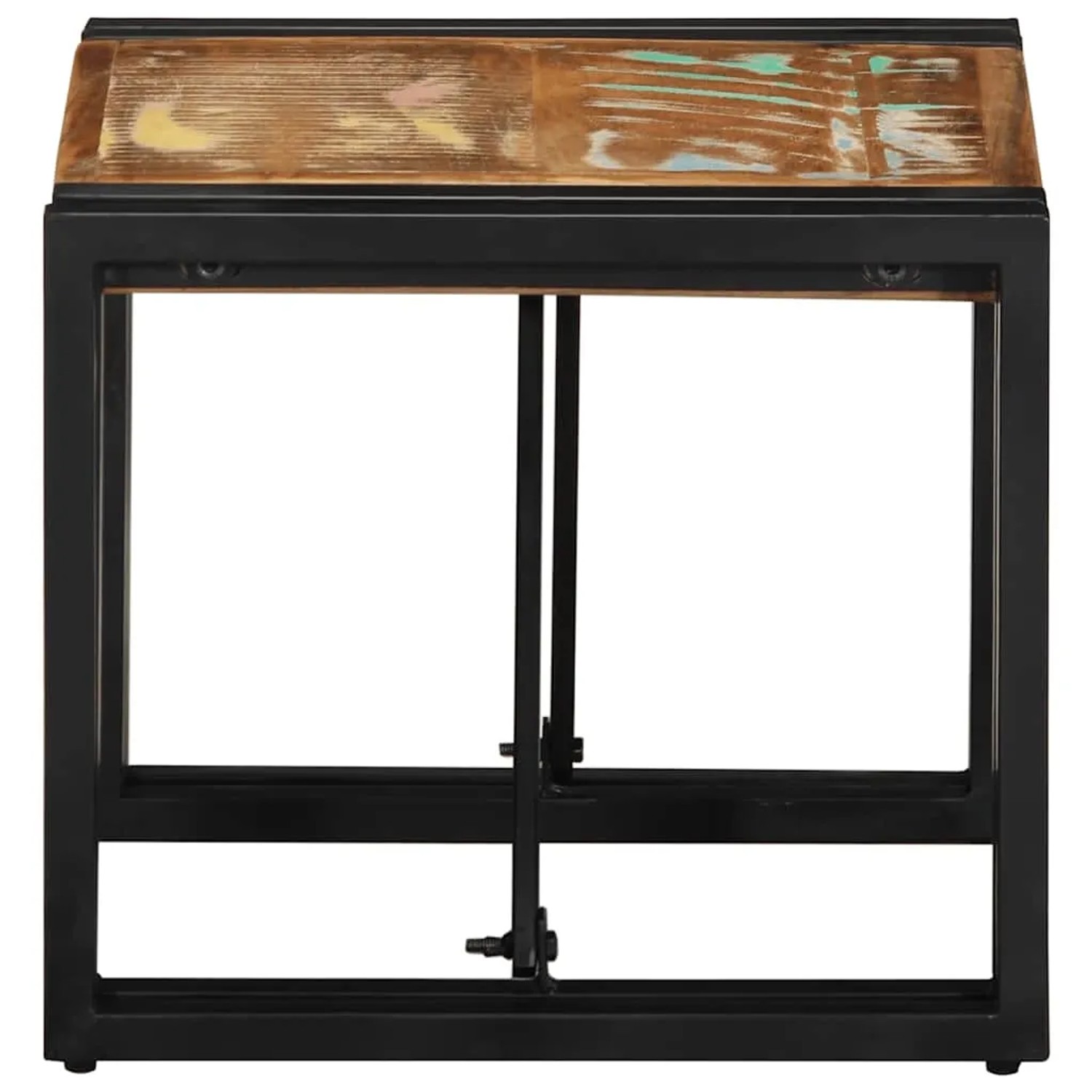 Quadratischer Couchtisch, mehrfarbig, Altholz massiv, mit schwarzem Metallgestell, 40x40x35 cm.