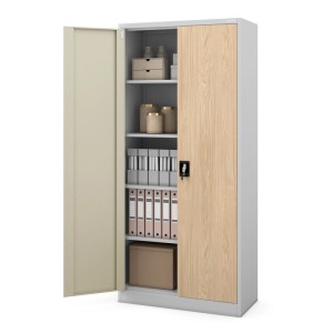 Grauer Metall-Aktenschrank JAN H mit Eiche Sonoma Tür, offen, gefüllt mit Ordnern und Büromaterial.