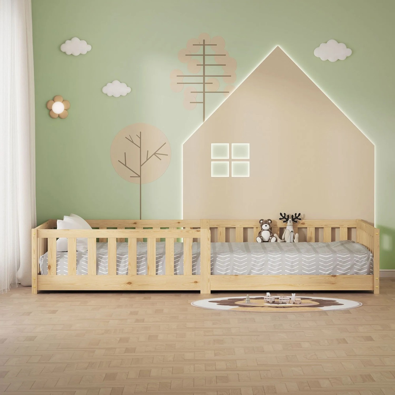 ML-Design Kinderbett 120x200 cm aus hellem Kiefernholz mit Lattenrost und Rausfallschutz.