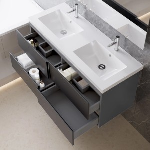 AICA Waschtisch mit Unterschrank, 120 cm, anthrazit matt, mit zwei Waschbecken und offenen Schubladen.