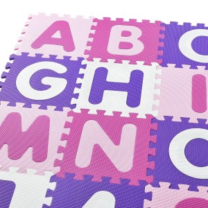 Juskys Kinder Puzzlematte Juna, 36-teilig, mit Buchstaben und Zahlen in Rosa-, Lila- und Weißtönen.