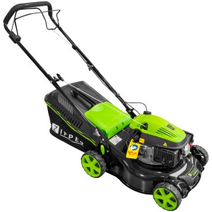 Zipper Benzin-Rasenmäher ZI-BRM420 mit Fangkorb und großen Rädern.