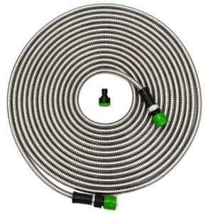 eyepower Knickfreier Gartenschlauch aus Edelstahl, 15 m, mit Anschluss-Stück und Kupplungen.