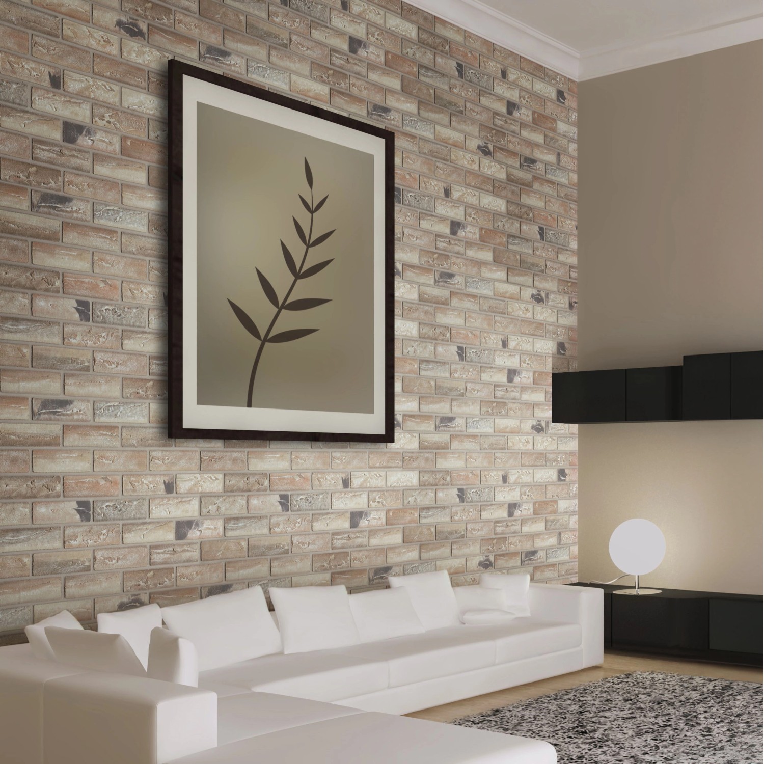 Elabrick Verblender Corsica an Wand im Wohnraum, beige-braune Optik, 7,1x24 cm.