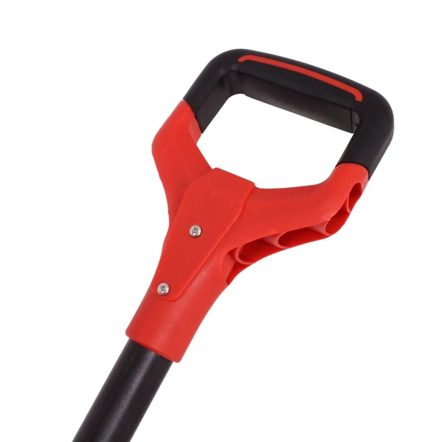 Nahaufnahme des roten D-Griffs eines Galaflor Wurzelspatens mit schwarzem Stahlstiel. Ergonomischer Spatengriff.