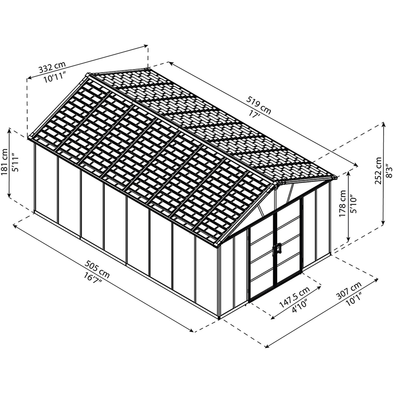 Skizze: Palram Metall-Gerätehaus Yukon, 17,2 m², Maße und Details.