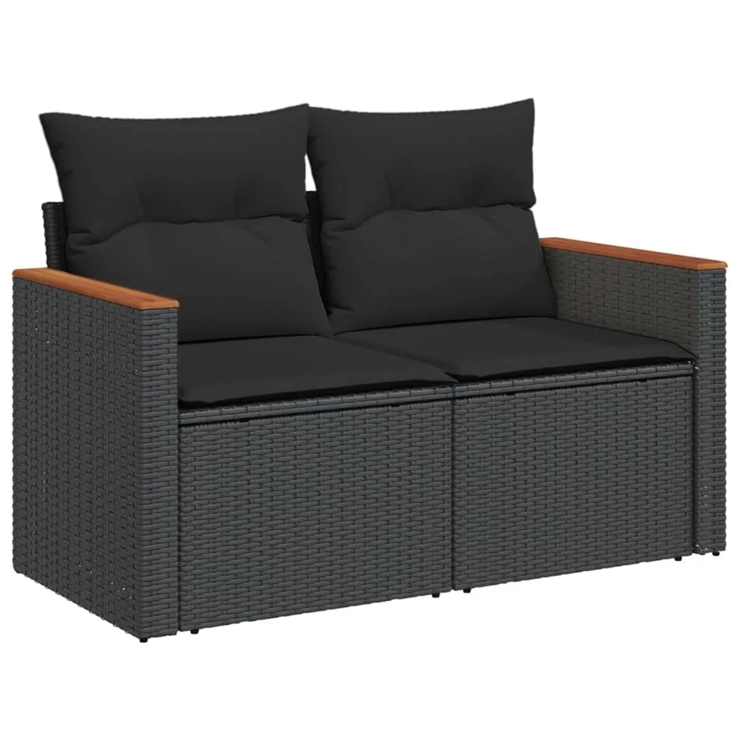 Schwarze vidaXL Garten-Sofagarnitur aus Rattan mit Kissen für Gartenmöbel.