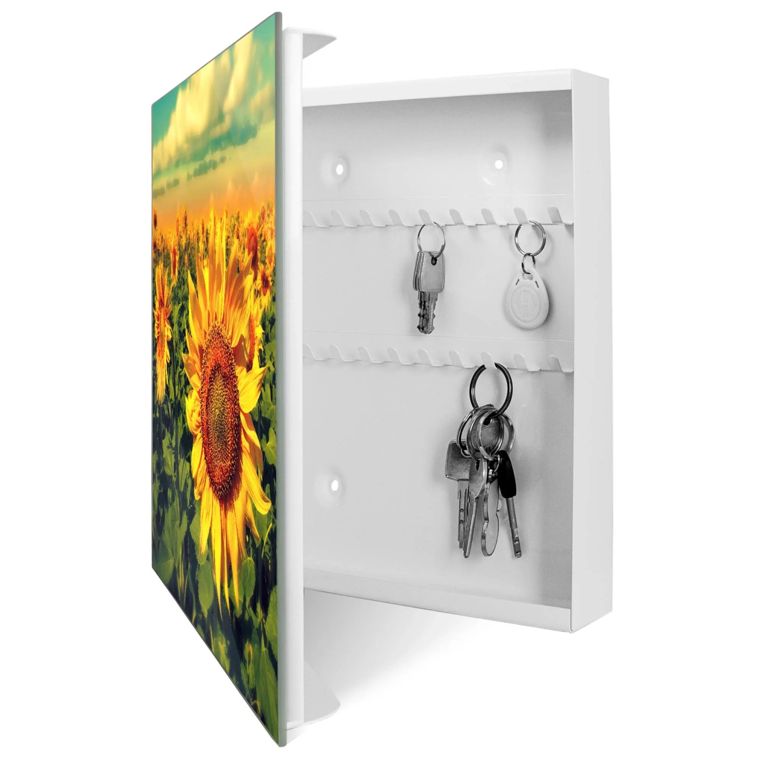 Weißer Schlüsselkasten mit Glasfront, Sonnenblumen-Motiv, 50 Haken, beschreibbar und magnetisch.