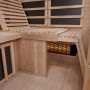 Innenansicht der Artsauna Infrarotkabine Aalborg mit Hemlockholz, Sitzbank und Infrarotstrahler.