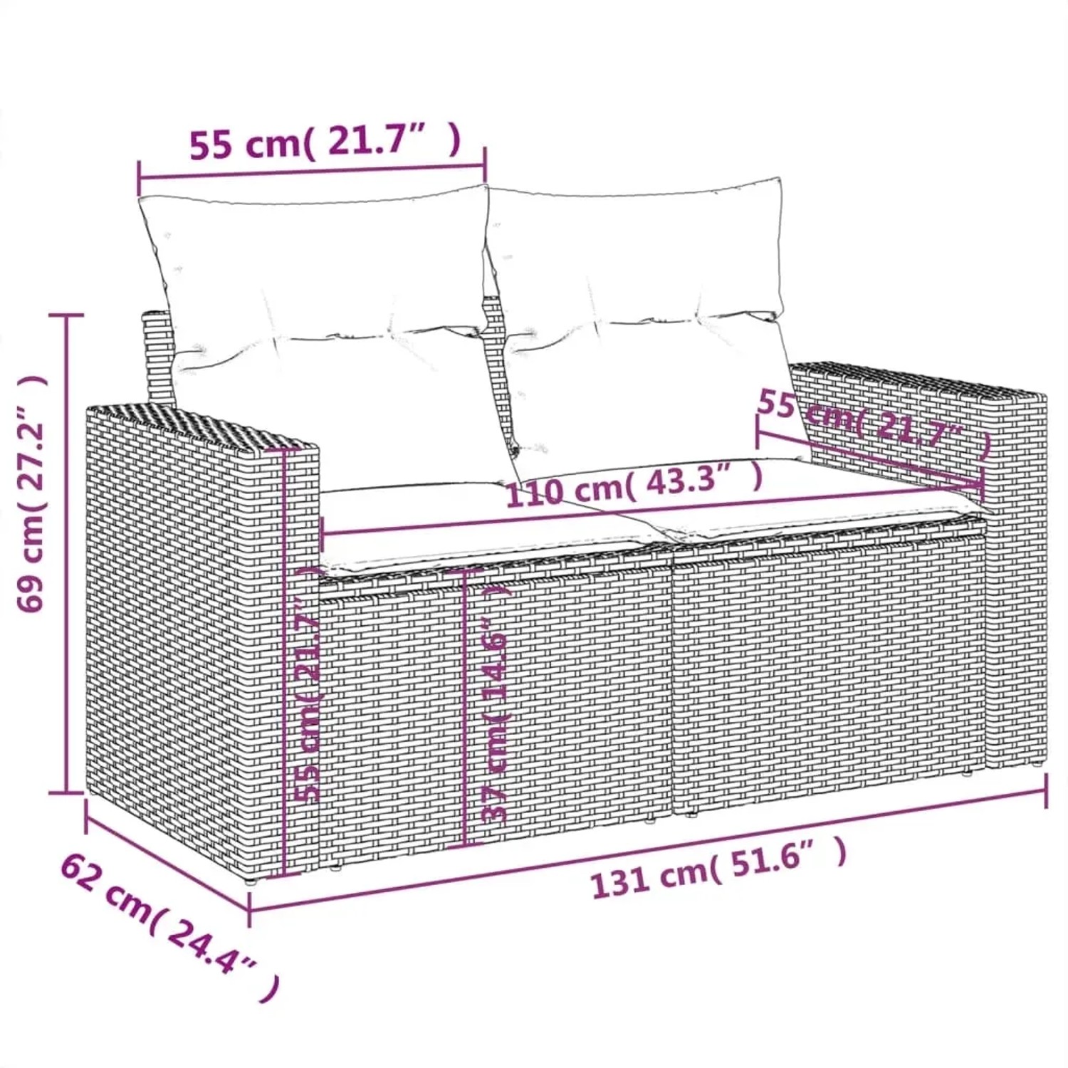 vidaXL Garten-Sofagarnitur, 11-teilig, beige Poly Rattan mit Kissen, Maße siehe Skizze.