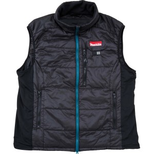 Schwarze Makita Akku-Thermoweste CV101DZS Gr. S für Arbeitskleidung mit blauem Reißverschluss.