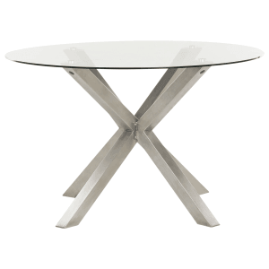 Runder, transparenter Beliani Gartentisch MALETTO mit silbernem Metallgestell, 120x120x77 cm.