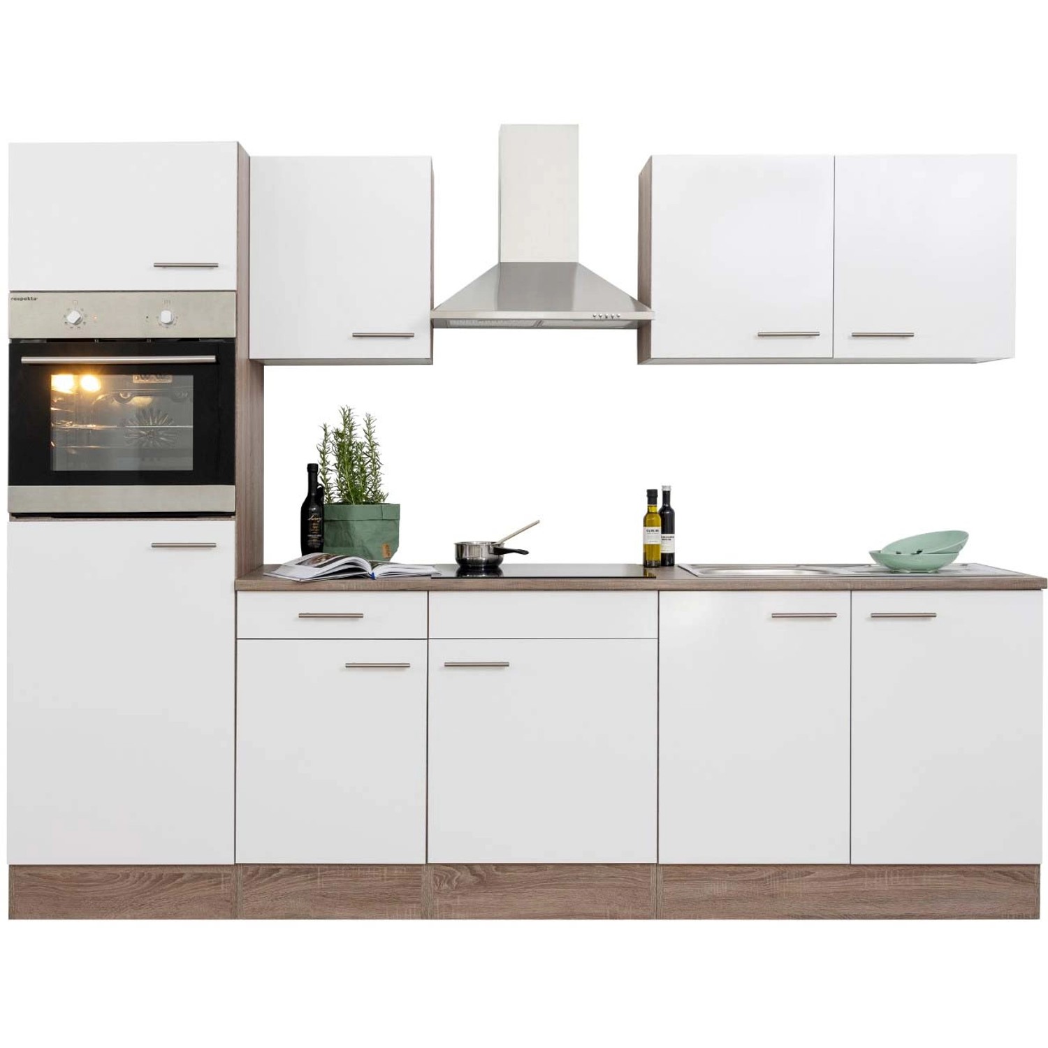 Respekta Küchenzeile 270 cm in Weiß Seidenglanz und Eiche York Dekor, ohne E-Geräte.