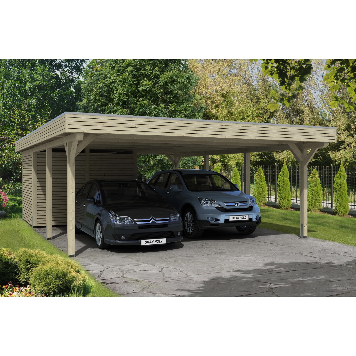 Skan Holz Flachdach-Doppelcarport Spessart 611 cm x 846 cm mit Abstellraum