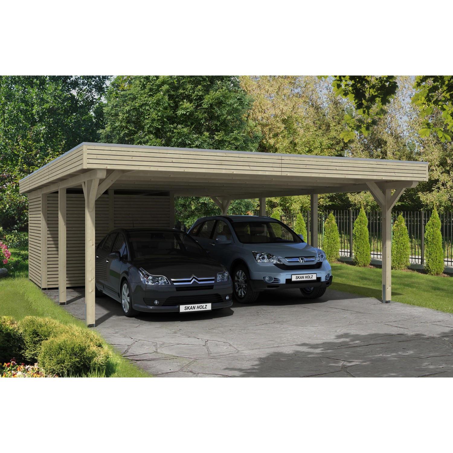 Skan Holz Flachdach-Doppelcarport Spessart 611 cm x 846 cm mit Abstellraum günstig online kaufen