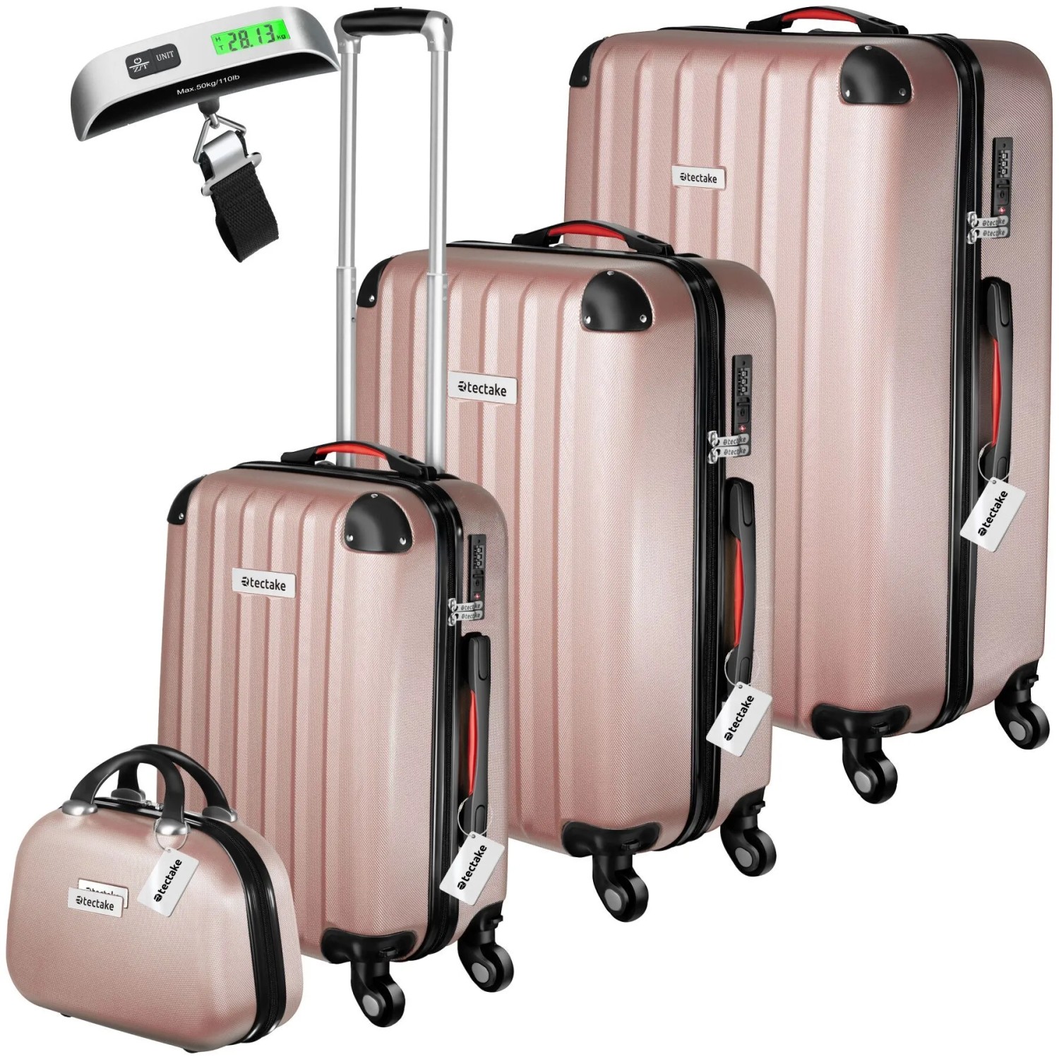 Tectake Hartschalenkoffer Set Cleo 4 Teilig  3 Trolleys  1 Beauty Case Inkl  Kofferwaage und  Anhänger Mit Teleskopgriff  30 50 x 48 x 75 cm Roségold