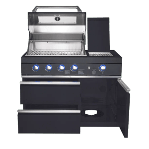 MyOutDoorKitchen Pure Compact Outdoorküche, freistehend, schwarz, mit Gasgrill und Spüle.