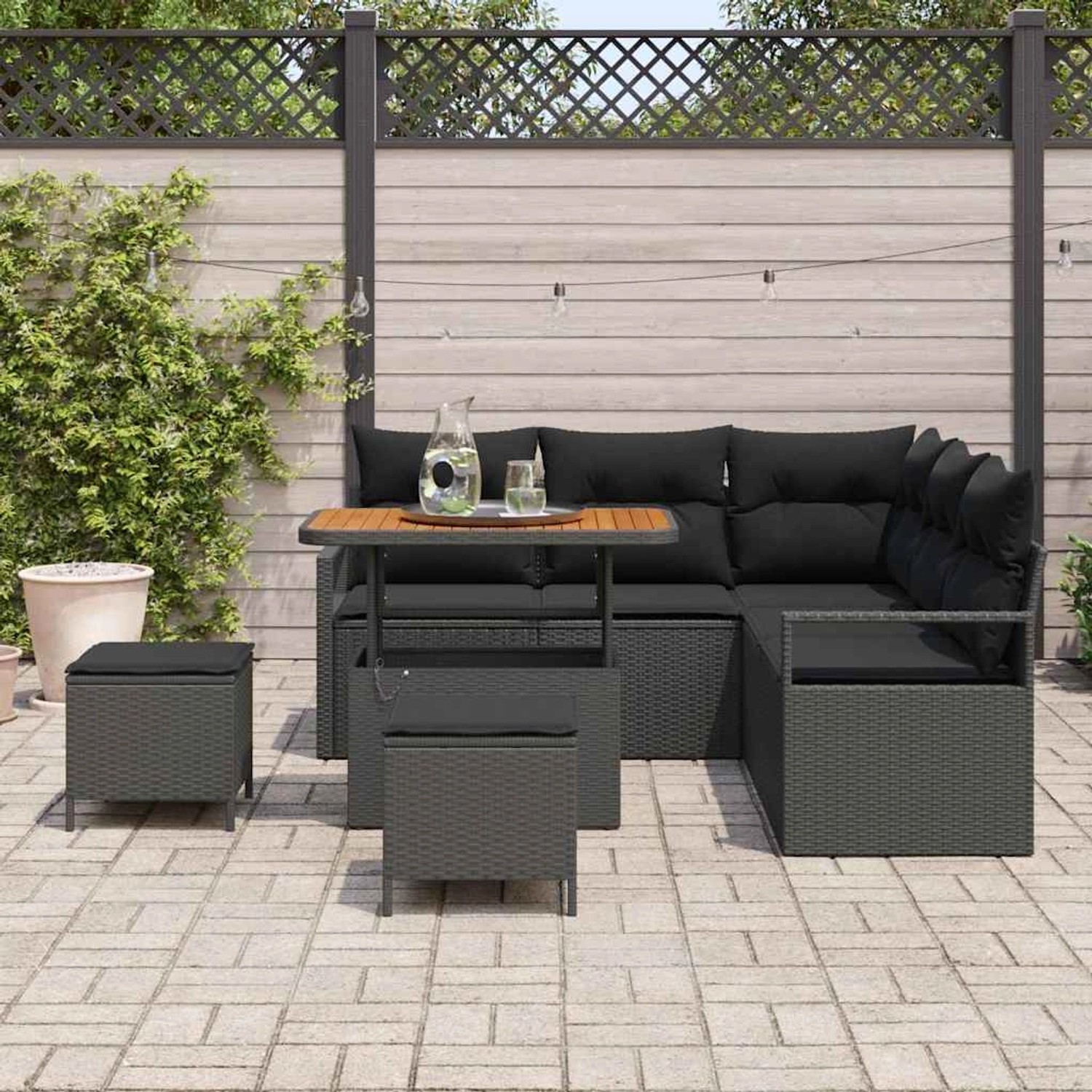 vidaXL Garten-Sofa-Set, 8-teilig, schwarz, Poly Rattan mit Tisch und Kissen.