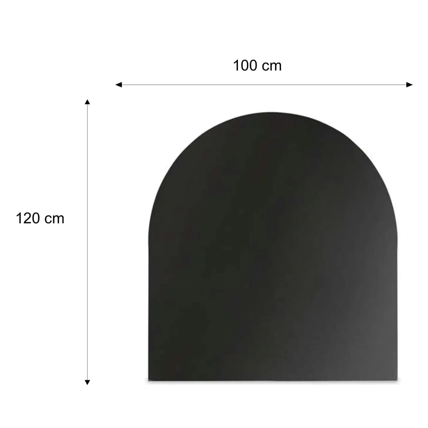Schwarze Valo Stahlbodenplatte Rundbogen, 100x120 cm, für Kamin & Ofen.