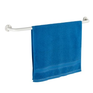 Wenko Badetuchhalter Basic, Edelstahl, weiß, mit blauem Handtuch.