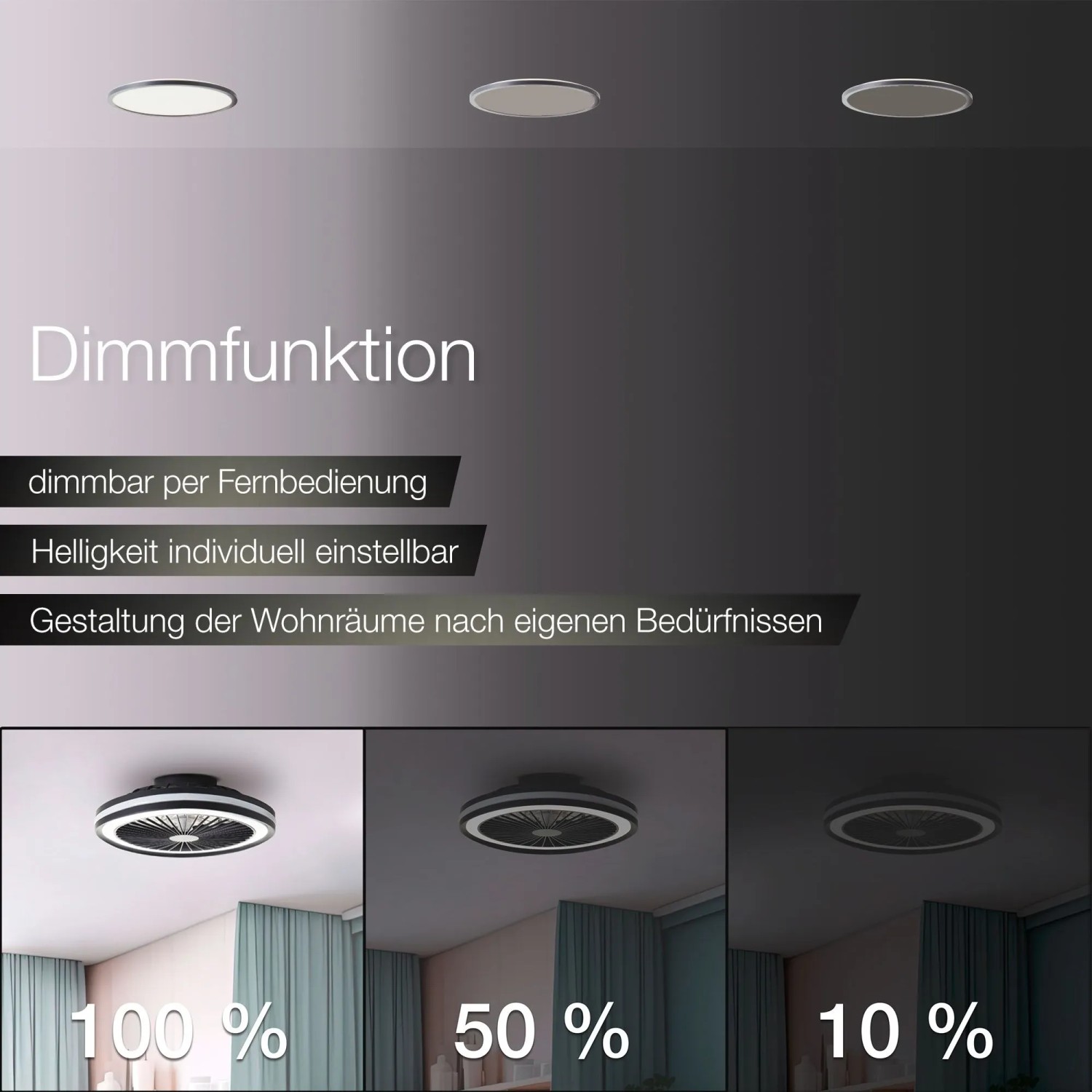 Dimmbare LED-Deckenleuchte Palmero mit Ventilator in Schwarz, Helligkeit einstellbar.