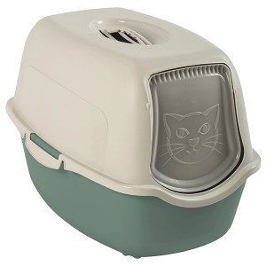 Rotho Katzentoilette Eco Bailey in Grün/Sand mit Schwingtür und Aktivkohlefilter.