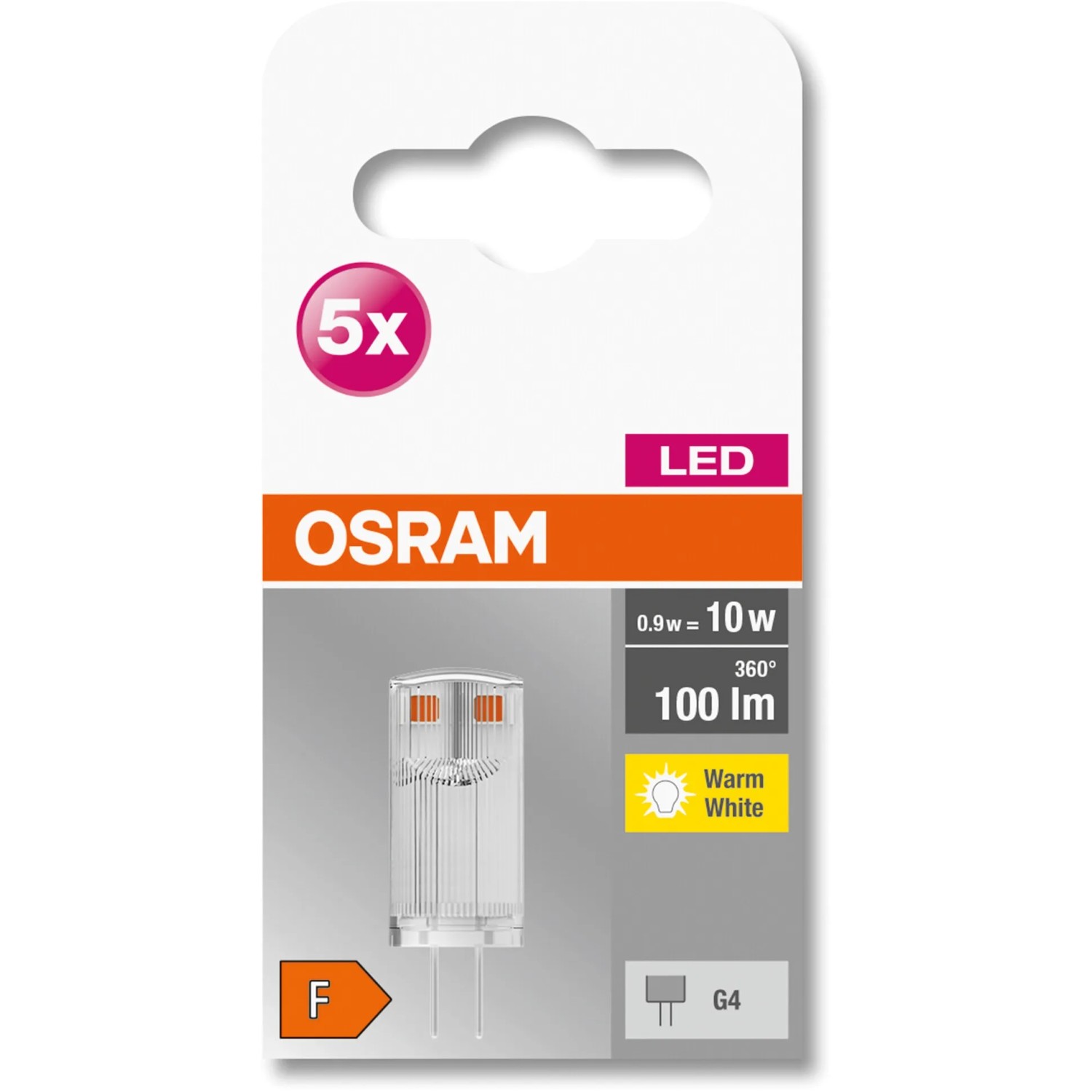 Osram G4 LED Leuchtmittel 5er Set, 0,9W, warmweiß, 100lm. Kompakte Stiftsockellampe für Wohnräume.