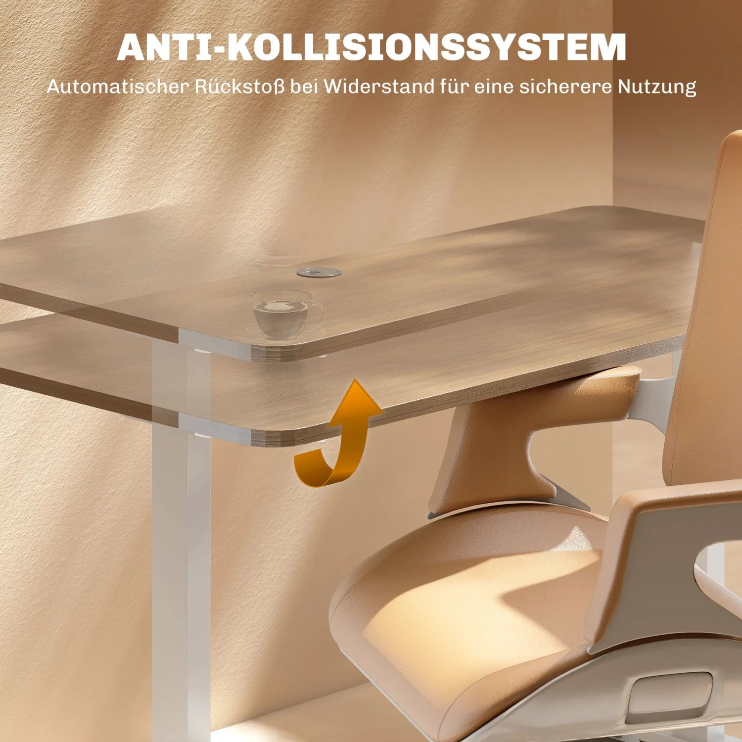Detailaufnahme: Höhenverstellbarer Schreibtisch mit Anti-Kollisionssystem in Weiß.