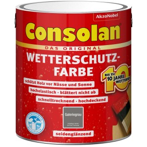 Dose Consolan Wetterschutzfarbe Galeriegrau, seidenglänzend, 2,5 l. Wetterfeste Farbe für Holz.