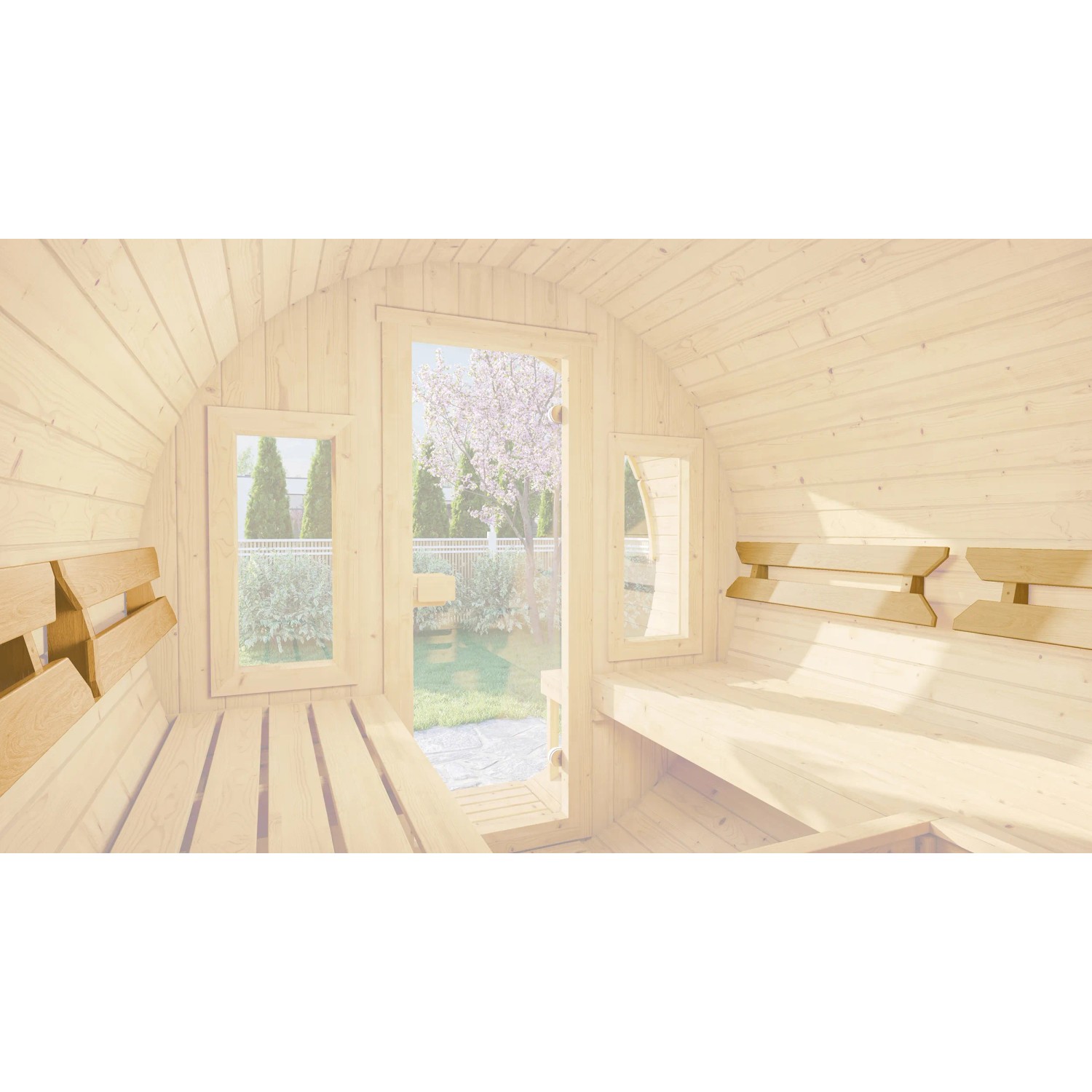 Innenansicht Fasssauna 198 mit montierter Weka Rückenlehne aus hellem Holz.