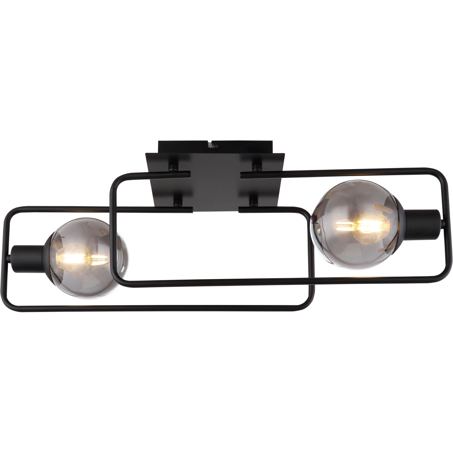 Moderne, 2-flammige Globo Deckenleuchte Blama in Schwarz matt mit rauchfarbenen Glasschirmen.