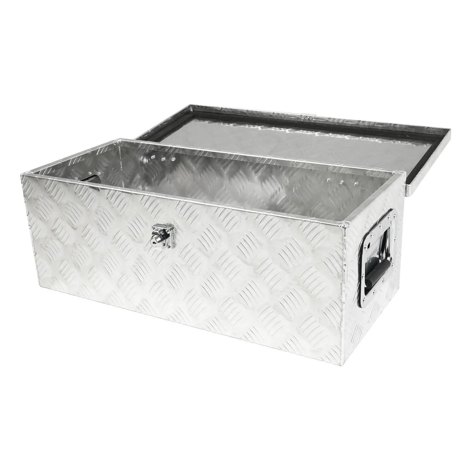 Offene PROREGAL Deichselbox TITAN aus Aluminium-Riffelblech für PKW-Anhänger, abschließbar.