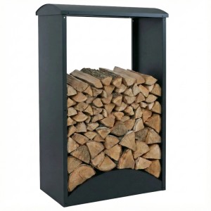 Grünes MCW Brennholzlager P77 aus Metall, 160x98x50cm, gefüllt mit Holzscheiten. Ordnung im Garten.