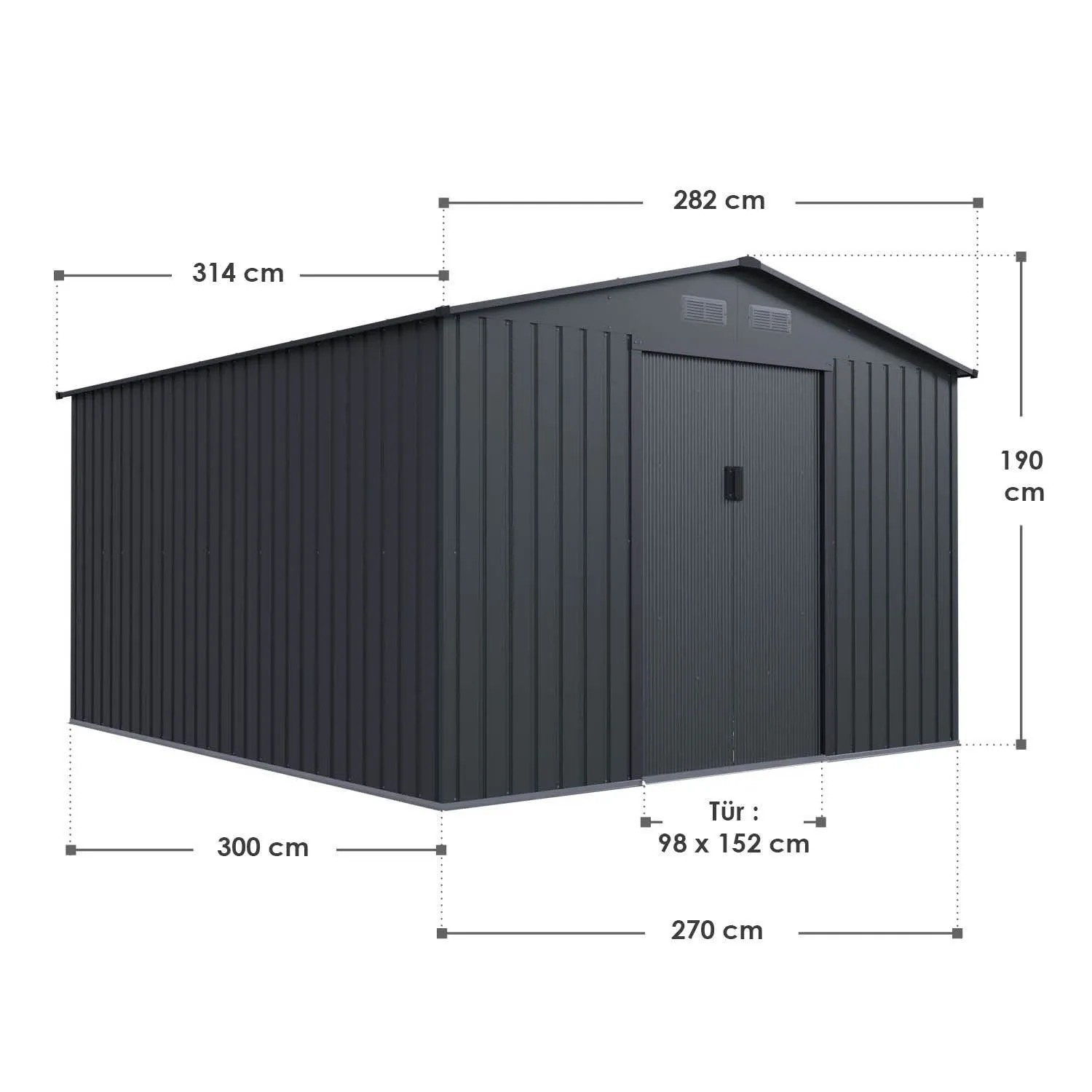 Dunkelgraues Juskys Metall Gerätehaus XXL mit Pultdach und Maßangaben.