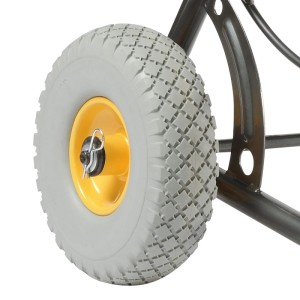 Detailaufnahme des Rades vom Haemmerlin Schlauchwagen mit PU-Bereifung und gelber Felge.