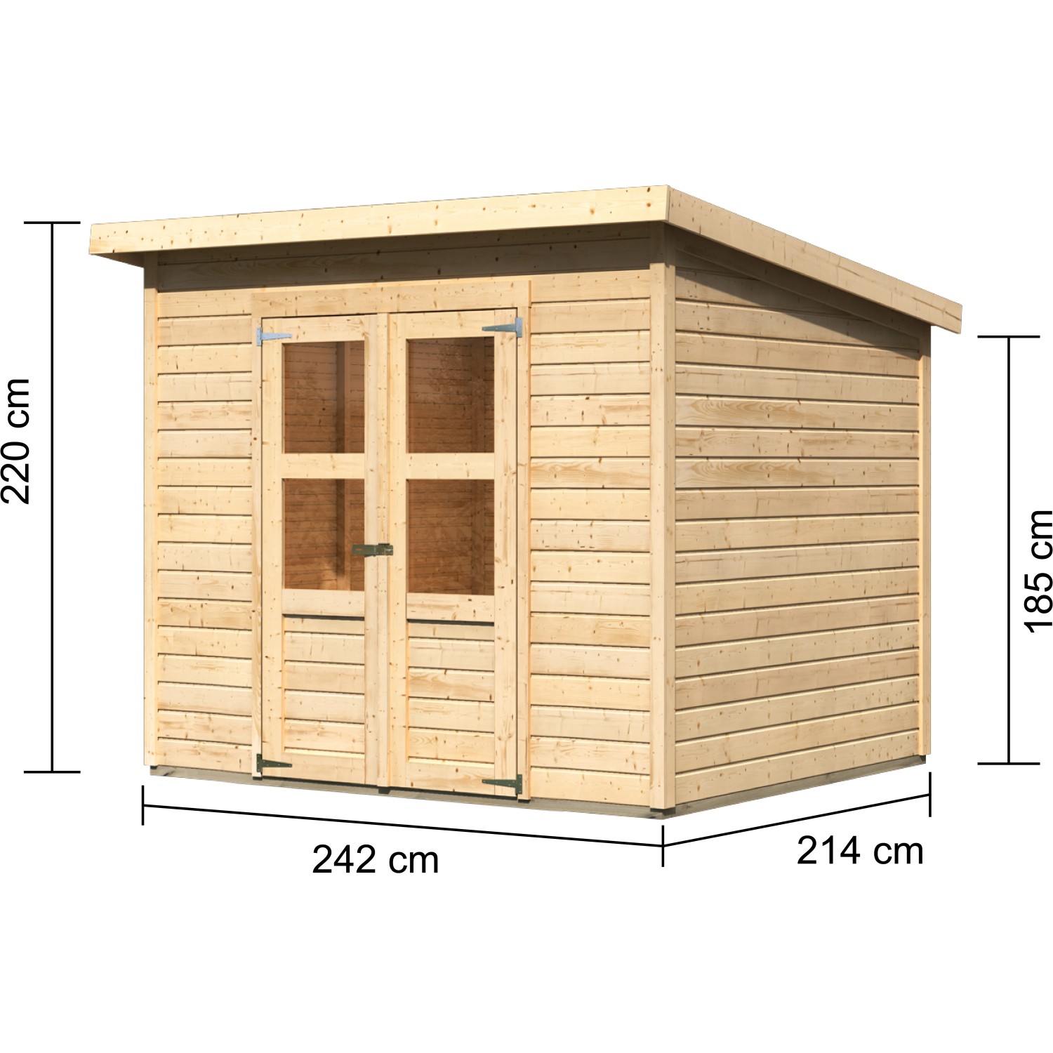 Karibu Holz-Gartenhaus Neuenburg 3 in Natur, 238x210 cm, mit Pultdach und Doppeltür.