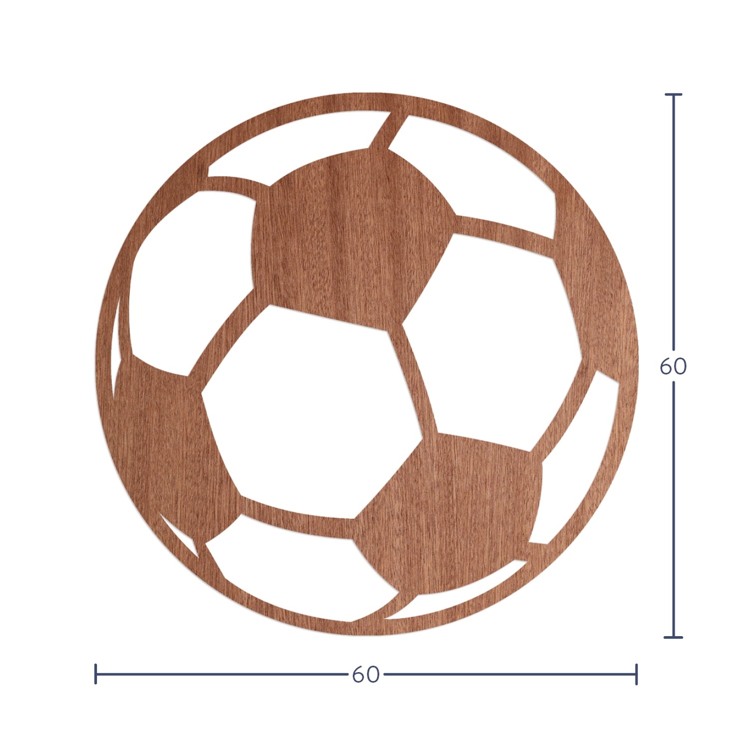Wanddeko Fußball aus Holz, 60x60 cm, Mahagoni Furnier. Wandbild für Fußballfans.