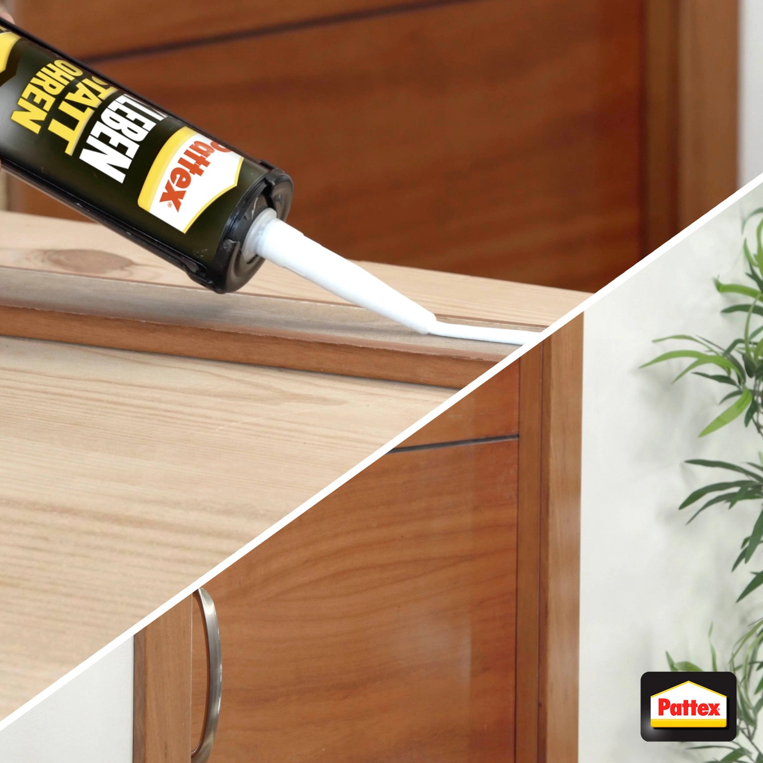 Anwendung von Pattex Kleben statt Bohren Montagekleber (400g, Weiß) auf Holz.